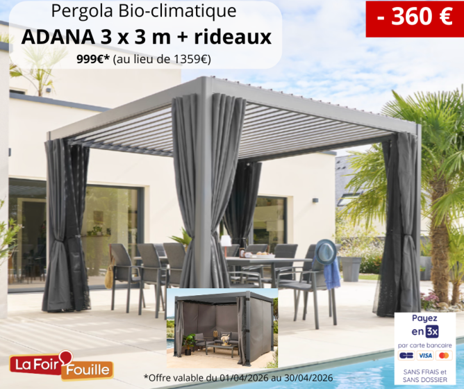 OFFRE SPECIALE Pergola Bioclimatique ADANA 3x3m Graphite + RIDEAUX