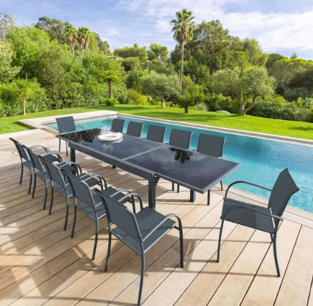 OFFRE SPÉCIALE : Table de jardin extensible Piazza verre 12 pers + 8 fauteuils Piazza Anthracite & Graphite