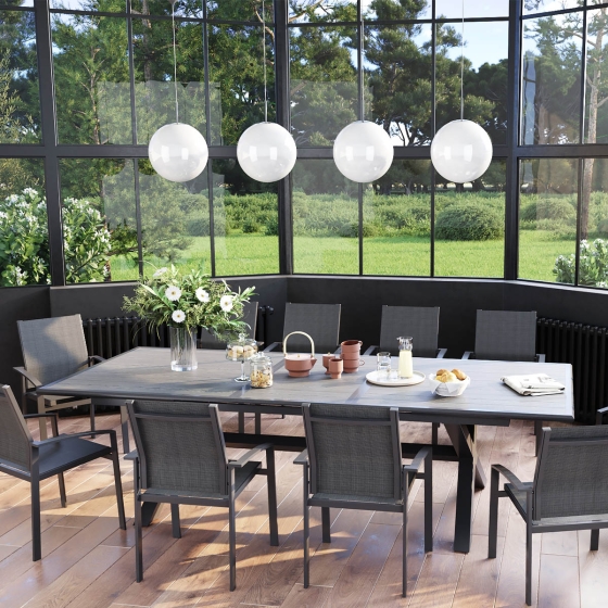 OFFRE SPÉCIALE : Table de jardin extensible Axiome 10 pers + 6 fauteuils Axiome Poivre & Graphite 