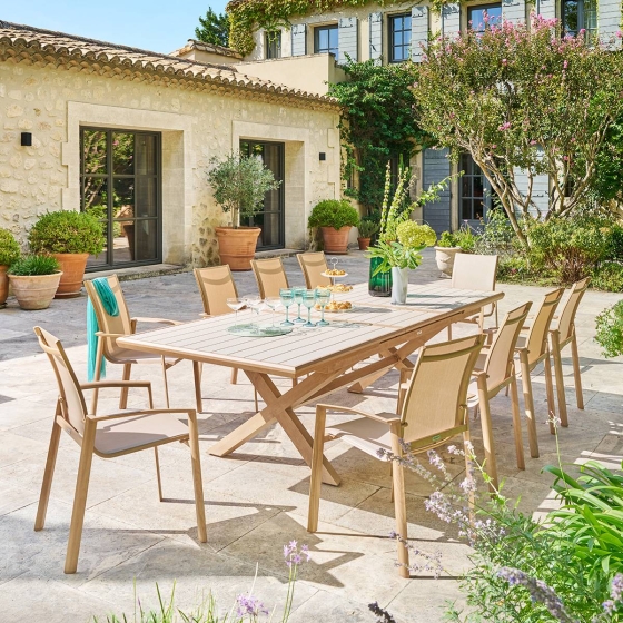 OFFRE SPECIALE : Table de jardin Axiome Extensible 10p Argile / Honey + 6 Fauteuils AXANT Lin/Honey
