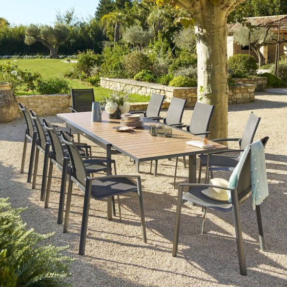 OFFRE SPECIALE : TABLE EXTENSIBLE COULISSANTE EVASION 10P ALU HONEY / GRAPHITE + 6 FAUTEUILS ESSENTIA ANTHRA/GRAPH