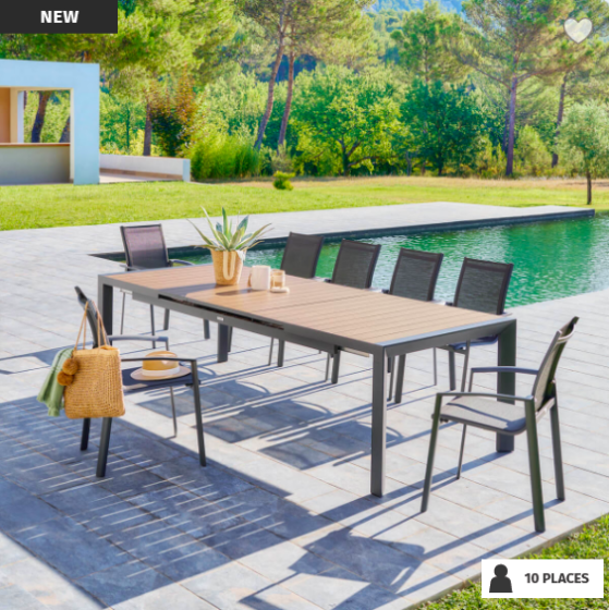 OFFRE SPECIALE : Table de jardin extensible ÉVASION Effet bois Honey / Graphite + 6 Fauteuils Essentia Graphite