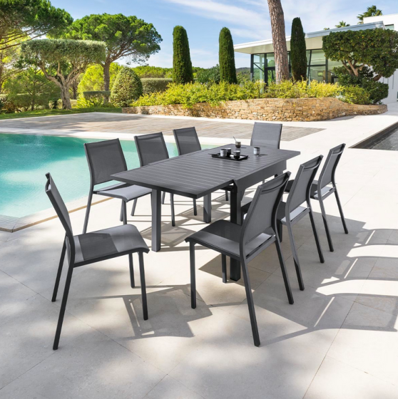 OFFRE SPÉCIALE : Table de jardin extensible Piazza 8 pers + 4 fauteuils Piazza Anthracite & Graphite