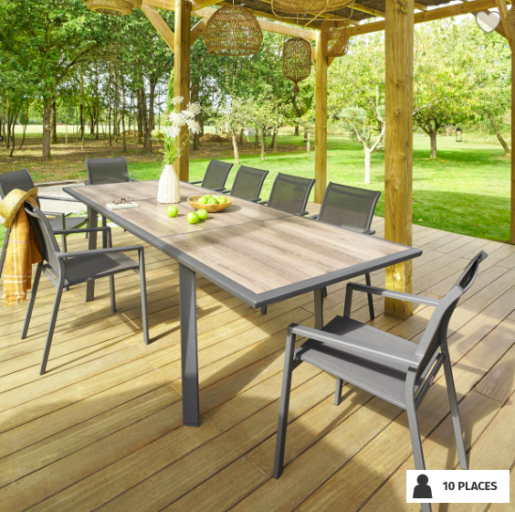 OFFRE SPÉCIALE : Table de jardin extensible PAVANE Pécan / Graphite 10p + 6 fauteuils Piazza Graphite