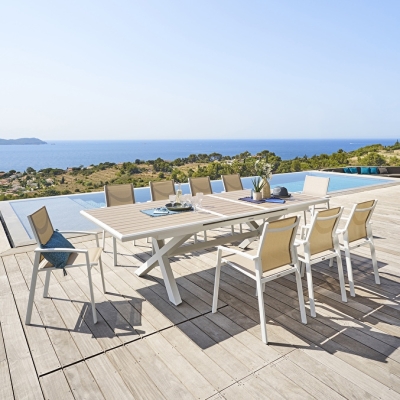 Table AXIOME Extensible Alu Imprimé effet bois Lin Blanc 10P