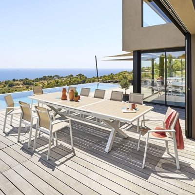 Table de jardin extensible AXIOME Effet bois Lin & Blanc