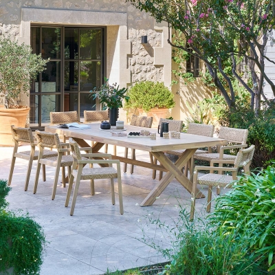 OFFRE SPECIALE : Table de jardin Fixe rectangulaire XENIA Eucalyptus 10P + 6 Fauteuils TEMEIRA