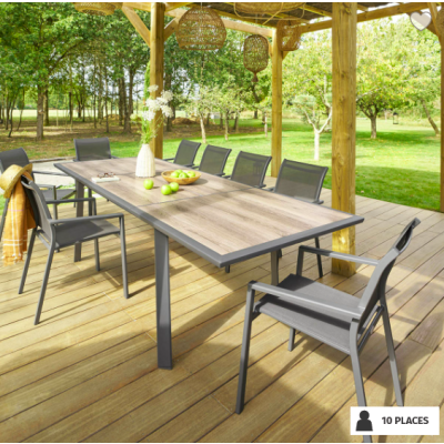 OFFRE SPÉCIALE : Table de jardin extensible PAVANE Pécan / Graphite 10p + 6 fauteuils ESSENTIA Graphite