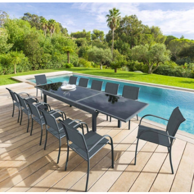 OFFRE SPÉCIALE : Table de jardin extensible Piazza verre 12 pers + 8 fauteuils Piazza Anthracite & Graphite