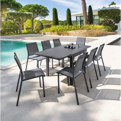 OFFRE SPÉCIALE : Table de jardin extensible Piazza 8 pers + 4 fauteuils Piazza Anthracite & Graphite