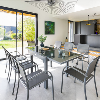 OFFRE SPÉCIALE : Table de jardin extensible Verre Piazza 8 pers + 4 fauteuils Piazza Anthracite & Graphite