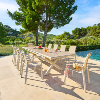 OFFRE SPECIALE : Table de jardin Axiome Extensible 10p Lin et Argile + 6 Fauteuils Essentia Lin / Argile