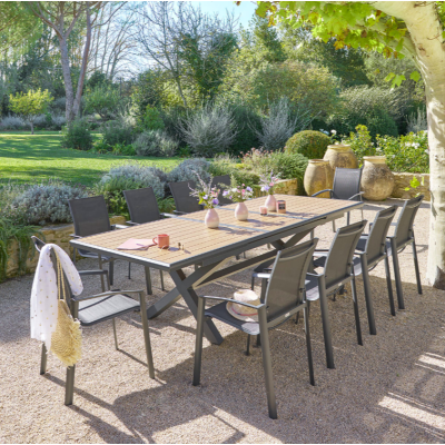OFFRE SPECIALE : Table de jardin extensible AXIOME Effet bois Noix & Graphite + 6 Fauteuils Essentia Graphite