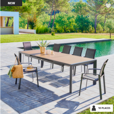 OFFRE SPECIALE : Table de jardin extensible ÉVASION Effet bois Honey / Graphite + 6 Fauteuils Essentia Graphite