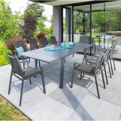 OFFRE SPÉCIALE : Table de jardin extensible PAVANE 10p Graphite + 6 fauteuils Piazza Anthracite/Graphite 