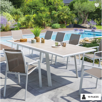 OFFRE SPÉCIALE : Table de jardin extensible PAVANE 10p Lin / Blanc + 6 fauteuils Piazza Lin / Blanc