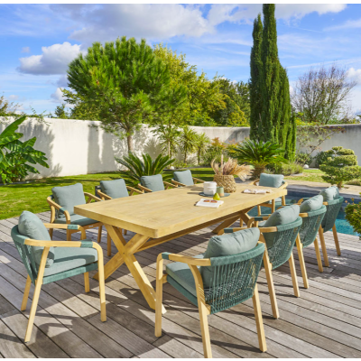 OFFRE SPECIALE : Table de jardin XENIA ACACIA 10p + 6 Fauteuils Empilables TEMEIRA ACACIA