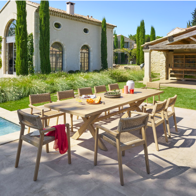 OFFRE SPECIALE : Table de jardin Extensible XENIA ACACIA 12p + 8 Fauteuils Empilables TEMEIRA ACACIA