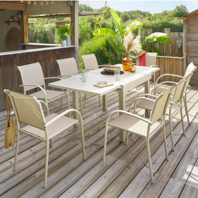 OFFRE SPECIALE : Table de jardin extensible Piazza Argile 8p + 4 fauteuils Piazza Lin & Argile