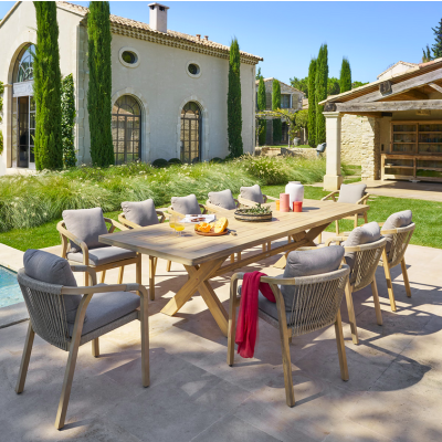OFFRE SPECIALE : Table de jardin Extensible XENIA ACACIA 12p + 8 Fauteuils PAPOUASIE ACACIA