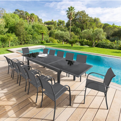 OFFRE SPÉCIALE : Table de jardin extensible Verre Piazza 10 pers + 6 fauteuils Piazza Anthracite & Graphite