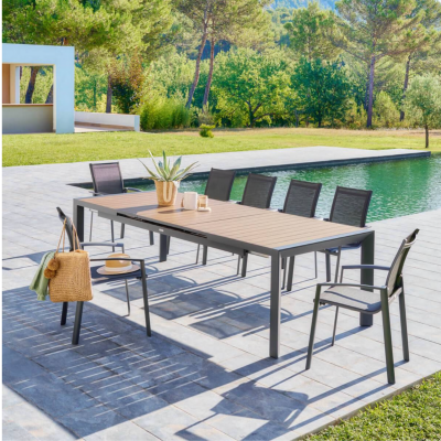 TABLE EXTENSIBLE AUTOMATIQUE EVASION 10P ALUMINIUM IMPRIME EFFET BOIS HONEY GRAPHITE