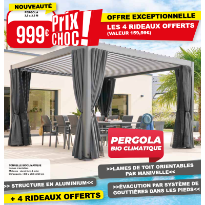 OFFRE SPECIALE Pergola Bioclimatique ADANA 3,5 x 2,5 Graphite + RIDEAUX