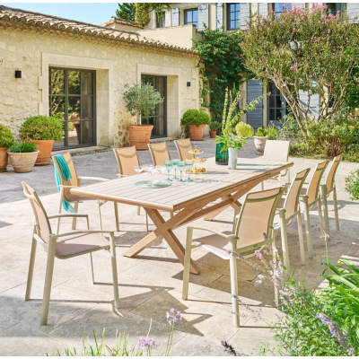 OFFRE SPECIALE : Table de jardin Axiome Extensible 10p Argile / Honey + 6 Fauteuils ESSENTIA Lin/Argile