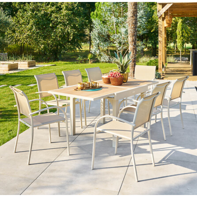 OFFRE SPÉCIALE : Table extensible Piazza 8 pers Argile + 4 fauteuils Piazza lin / Argile