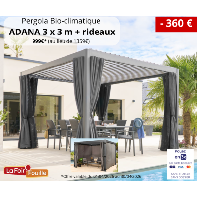 OFFRE SPECIALE Pergola Bioclimatique ADANA 3x3m Graphite + RIDEAUX
