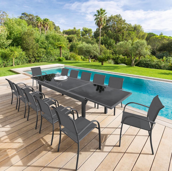 OFFRE SPÉCIALE : Table de jardin extensible Verre Piazza 10 pers + 6 fauteuils Piazza Anthracite & Graphite