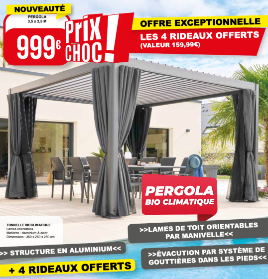 OFFRE SPECIALE Pergola Bioclimatique ADANA 3,5 x 2,5 Graphite + RIDEAUX